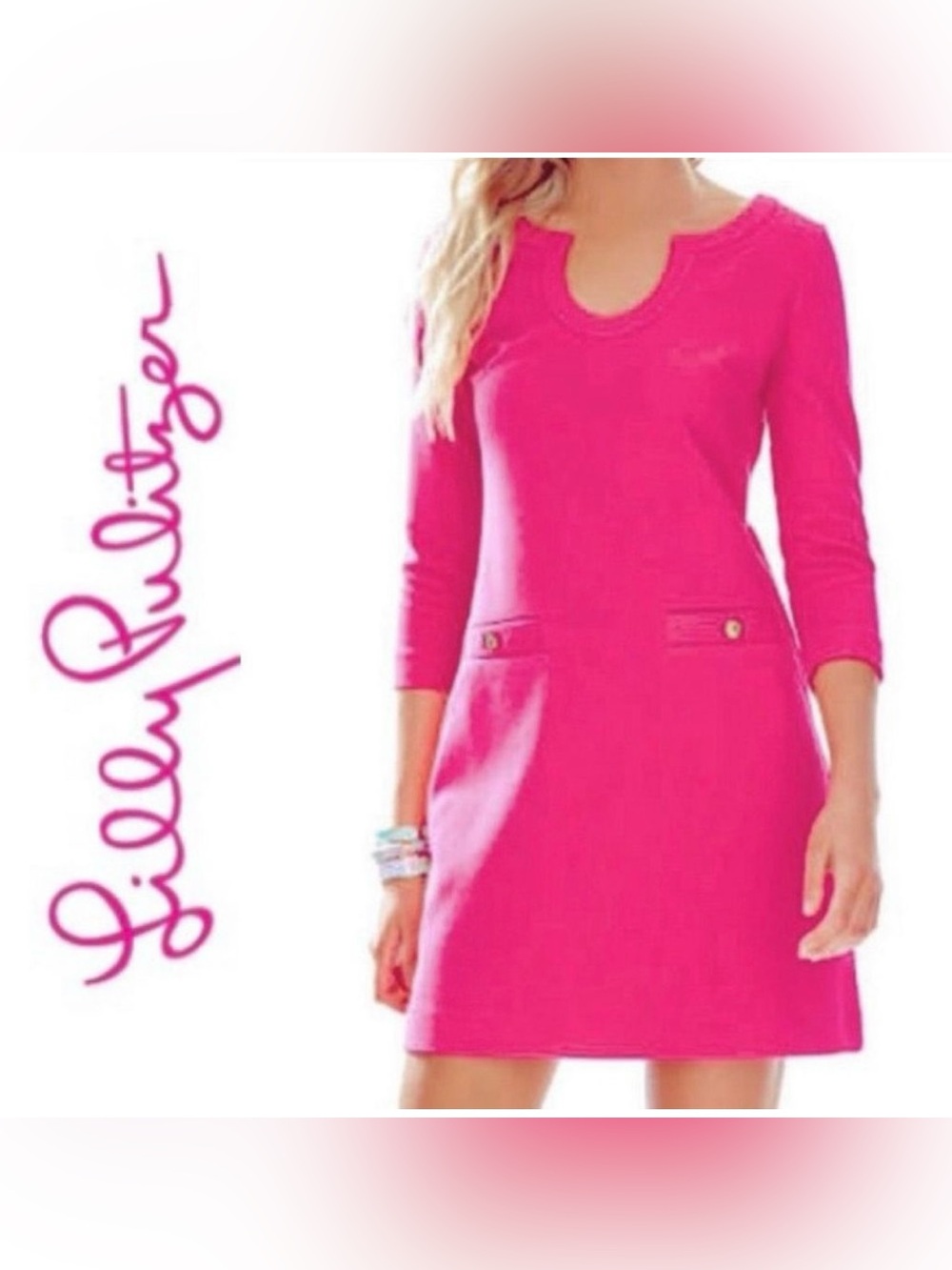 LILLY PULITZER Lina Shift Dress Orchid Pink Ribbed Sheath Gold U Neckline Knit